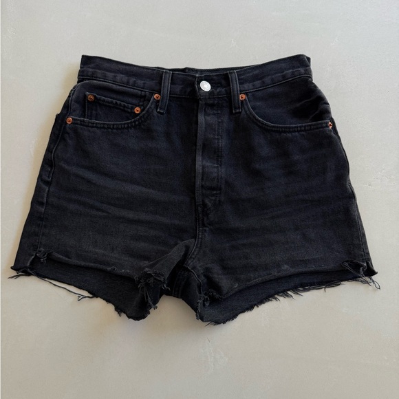Re/Done Black High Rise Button Fly Denim Shorts 26